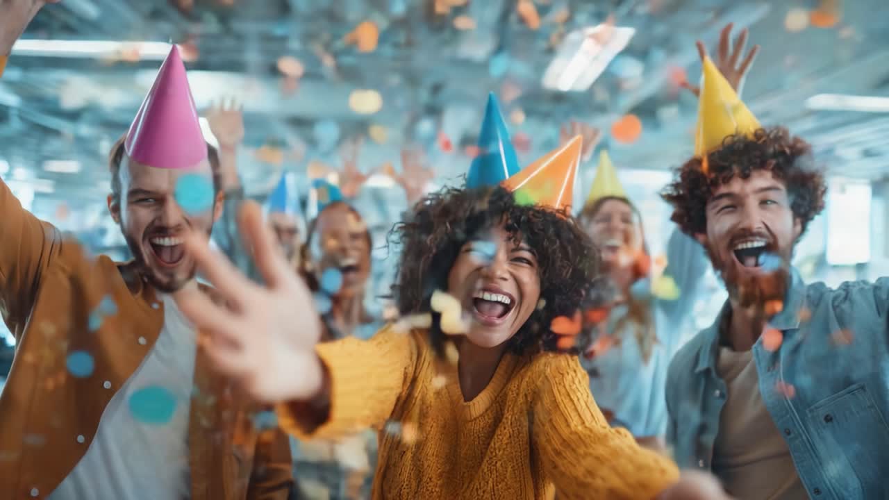 Gioiosa festa con amici con cappellini colorati tra i coriandoli in un vivace ambiente d'ufficio, che evidenzia la felicità e lo stare insieme in un'atmosfera divertente