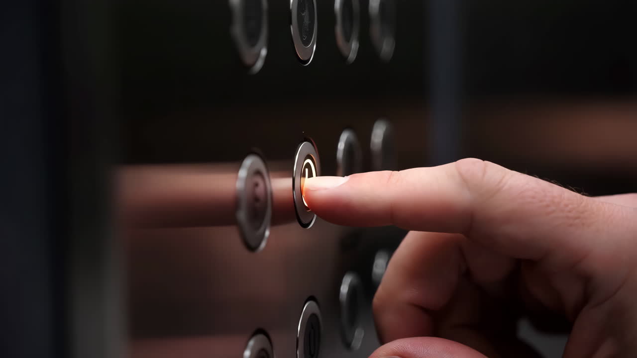 Close-up of a hand pressing an elevator button and an illuminated elevator panel