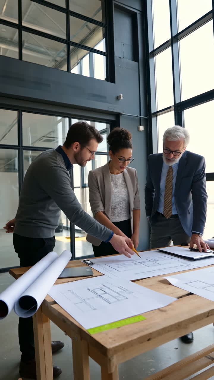 Team discussing architectural plans in the office
