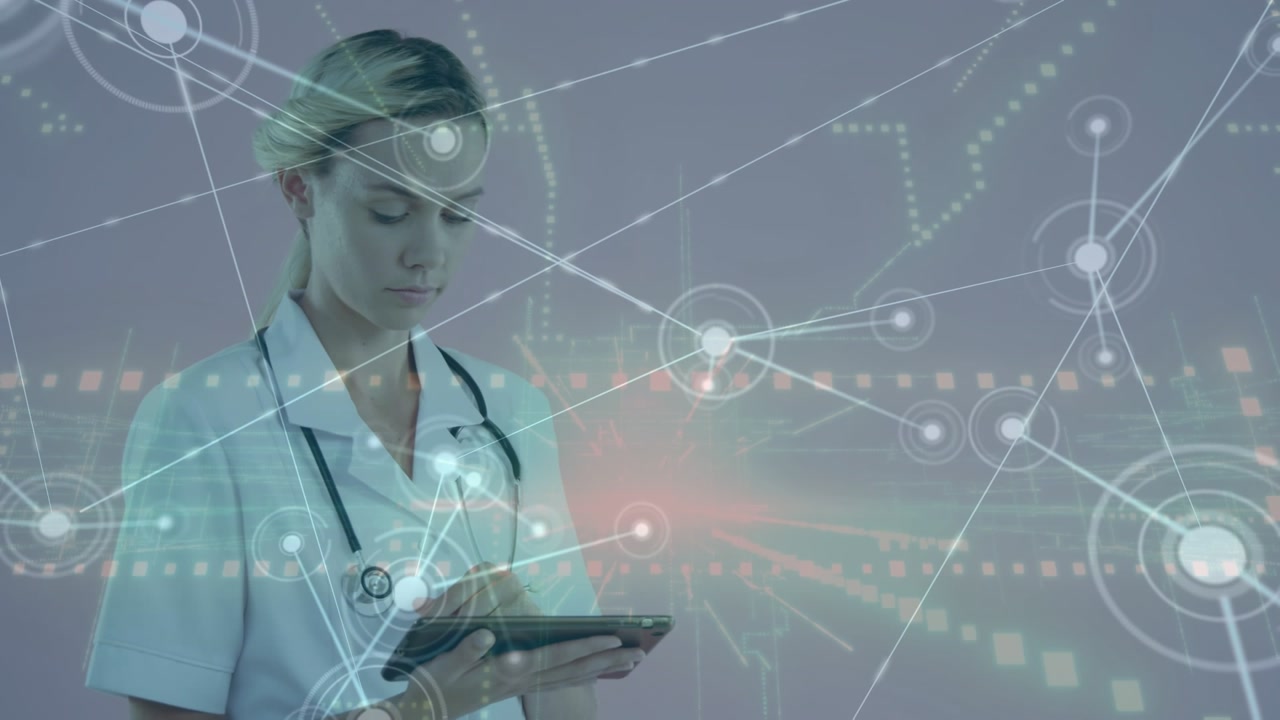 Animation of young african american doctor using table and dots connecting with lines