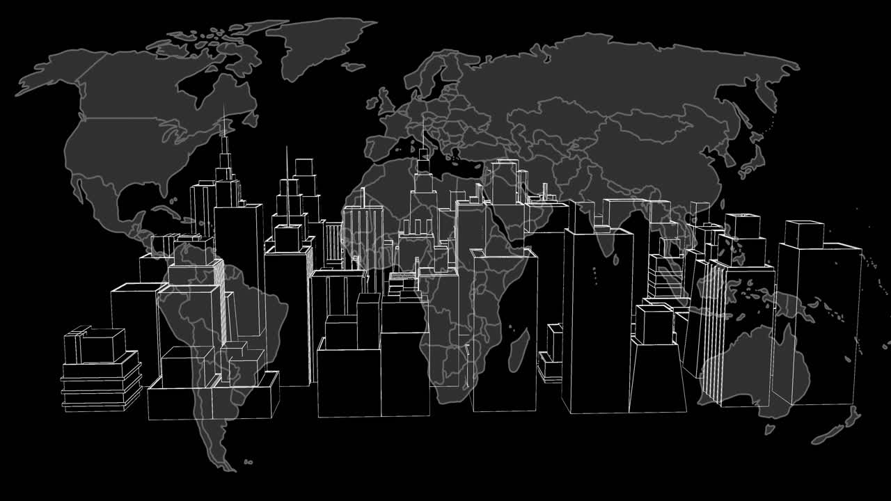 Animation of digital city over world map on black background