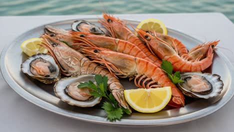 a vibrant seafood platter featuring freshly sourced shrimp and oysters, garnished with lemon slices and herbs for an appealing culinary presentation