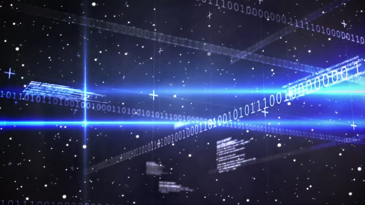 Animation of pink cubes and lights over black background with binary code