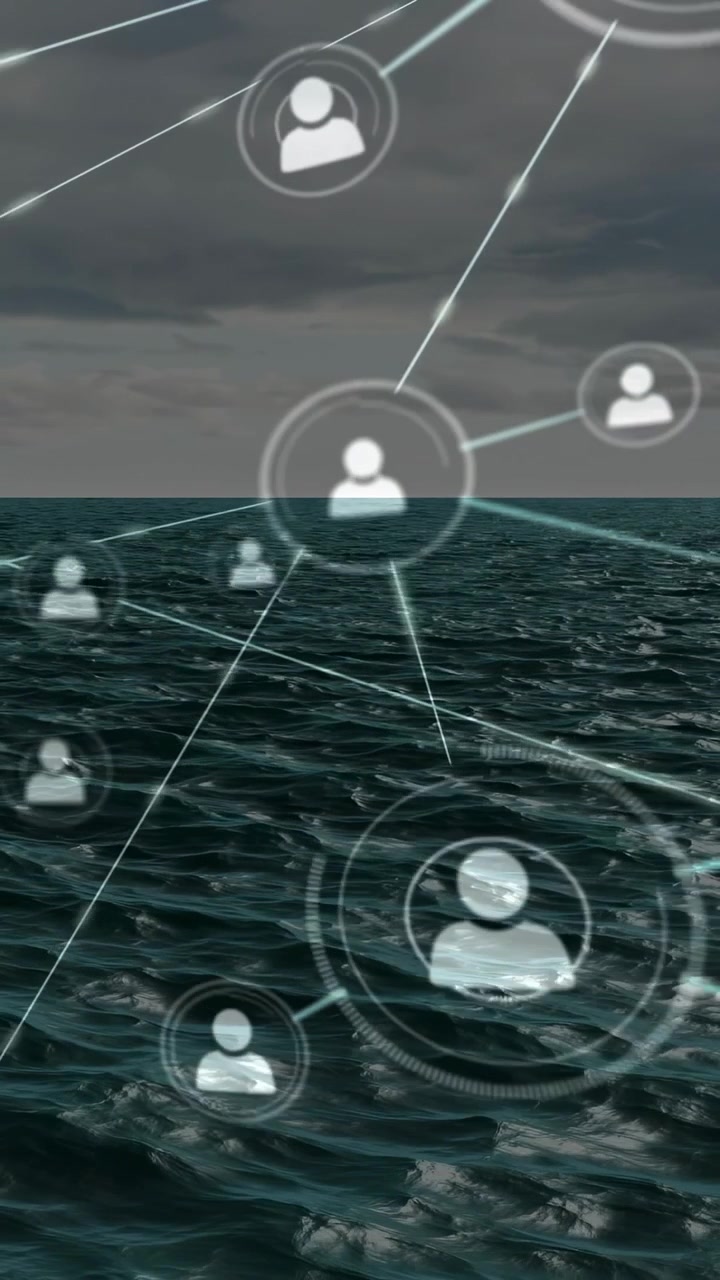 Video verticale: Punto all'orizzonte che avvia il web, avatar che appaiono e si collegano, mostrando collegamenti sull'oceano.