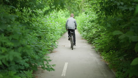 back view of young boy standing and riding his bike on a paved path with white markings, surrounded by greenery, the boy is riding through a scenic green tunnel formed by overhanging branches