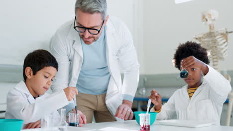 educación, química y profesor de hombre con niños