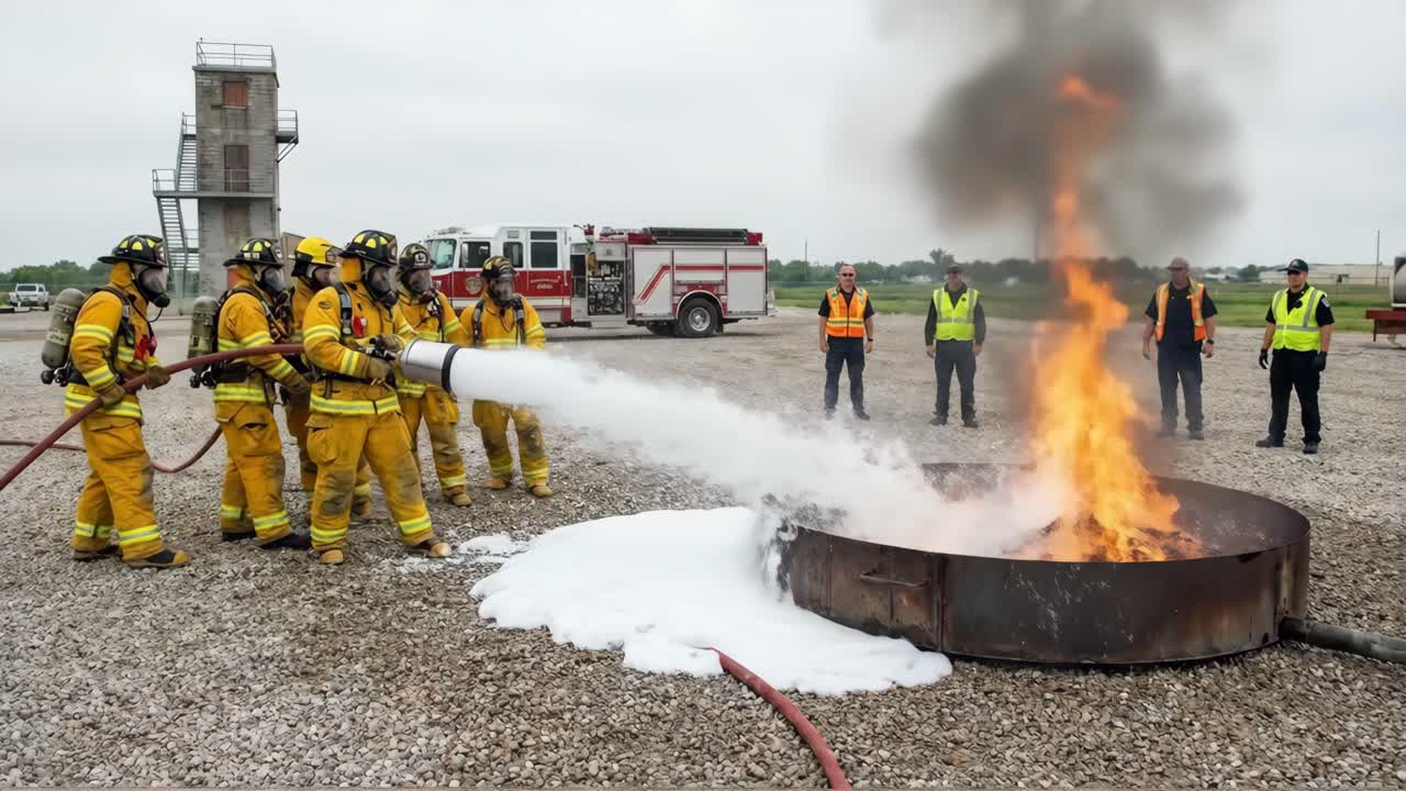 Bomberos utilizando un extintor de espuma durante un ejercicio de entrenamiento
