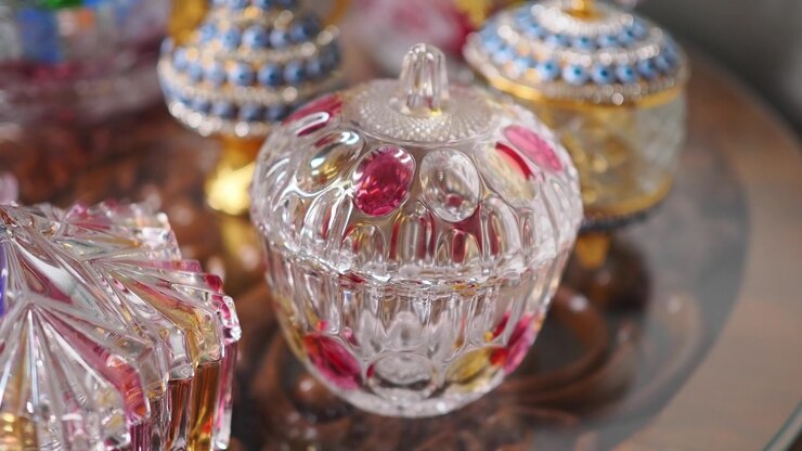 Decorative Crystal Candy Dish on a Glass Table
