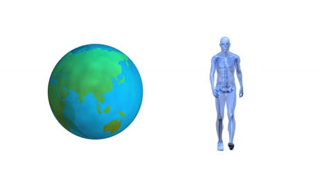 animation of human walking and globe on white background