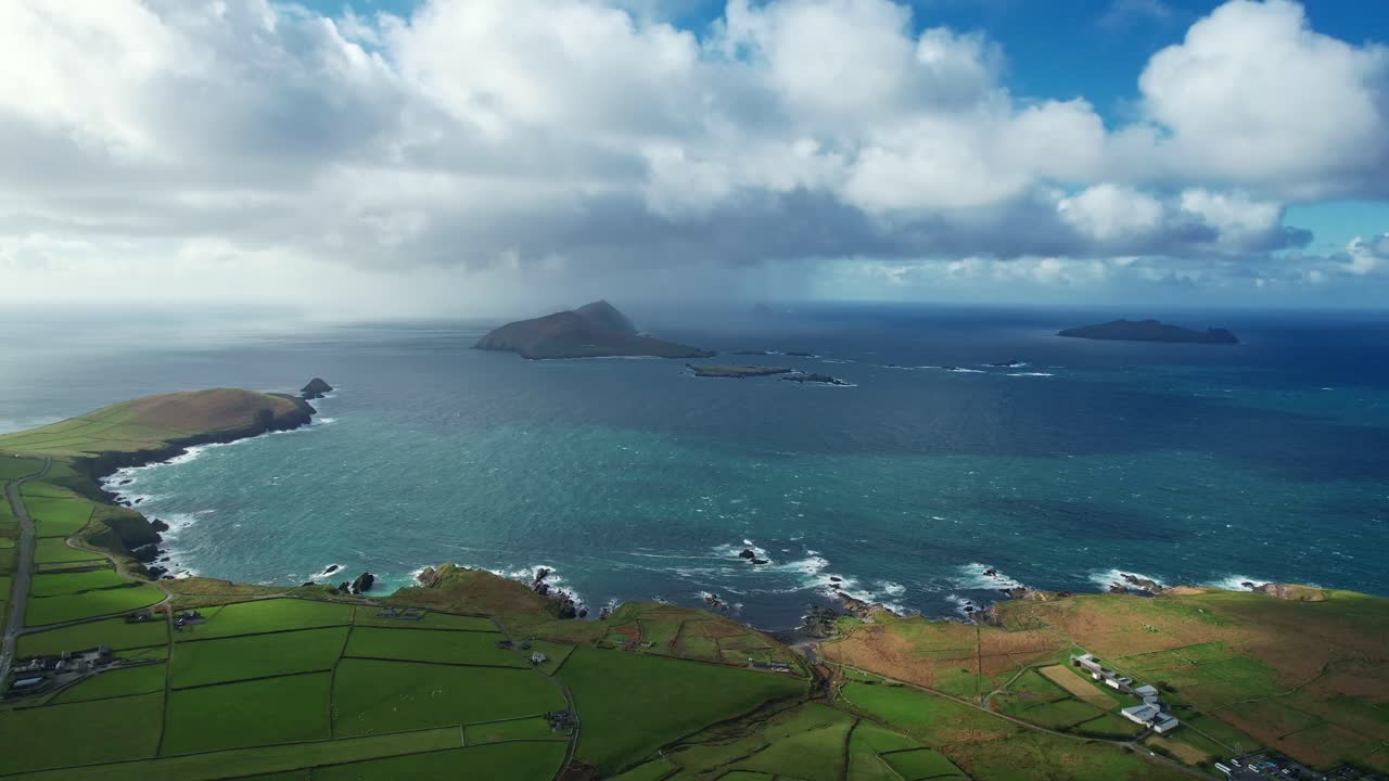 Ireland Epic Locations drone rising amazing view of the Blasket islands on Slea Head Drive Dingle Kerry must do on Wild Atlantic Way