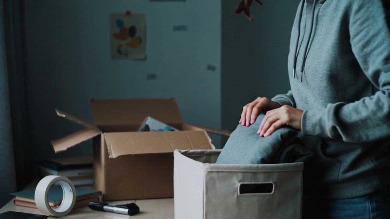 Picking folded grey fabric, woman in grey hoodie placing into bin at table packing, copy space