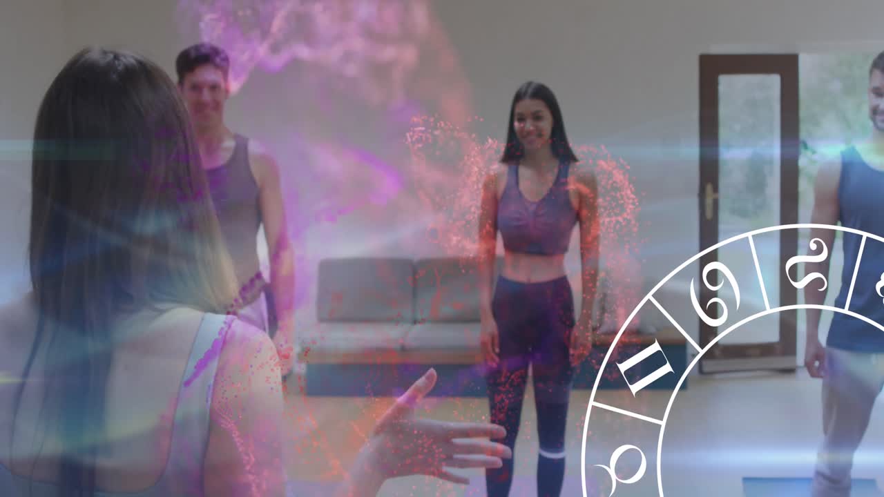 анимация гороскопа колеса зодиака над различными людьми, практикующими йогу