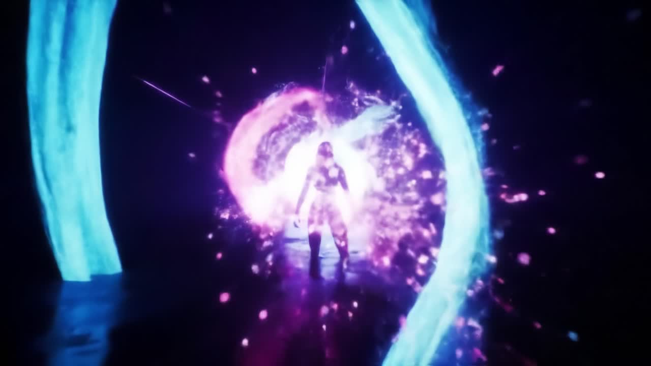 A luminous figure emerges from a swirling, vibrant portal of light and color, symbolizing transformation and the journey into a new dimension of reality.