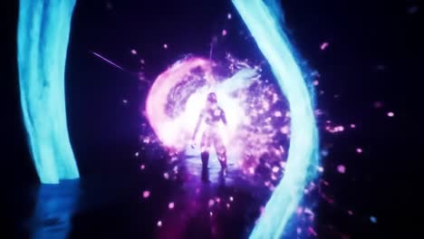 a luminous figure emerges from a swirling, vibrant portal of light and color, symbolizing transformation and the journey into a new dimension of reality.
