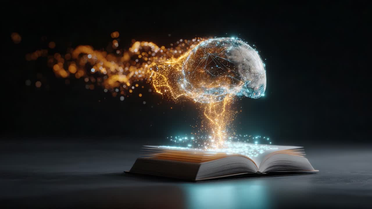 An imaginative visual journey where knowledge emanates from an open book, illustrating the fusion of literature and innovative thought represented by a glowing brain