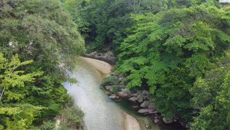 Aerial-shot-of-a-meandering-river-through-dense-green-forest-in-daylight,-serene-and-untouched