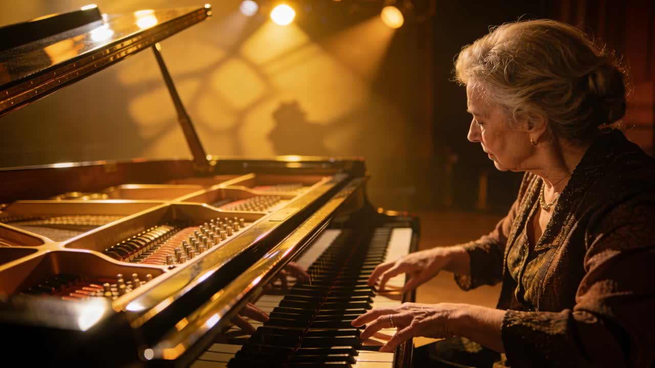 Mano destra che raggiunge i tasti, pianista anziana che suona un pianoforte a coda su un palco con spot color ambra, spazio per il testo.