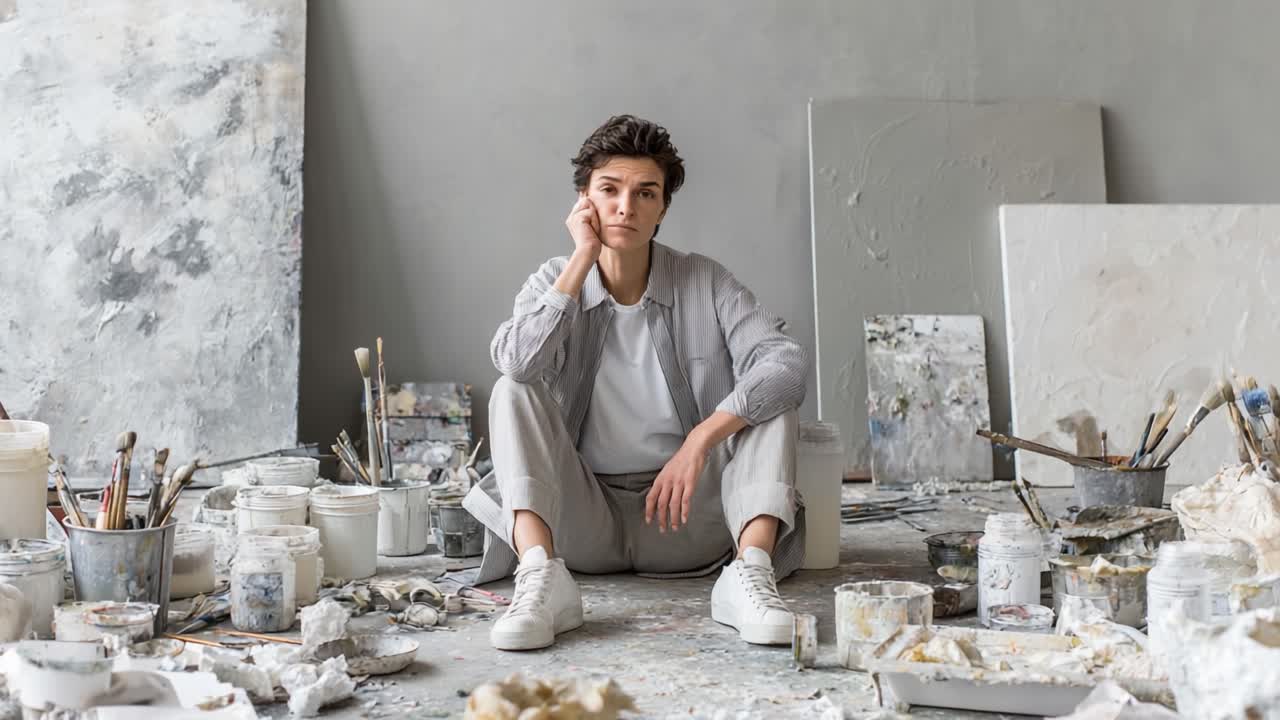 A thoughtful artist reflects in a cluttered studio filled with paint supplies, canvases, and artistic remnants, capturing the essence of creativity and introspection