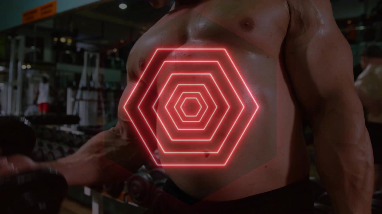 Esagono al neon che si dissolve, rivelando un uomo a torso nudo che afferra un manubrio e fa curl per sviluppare i bicipiti.