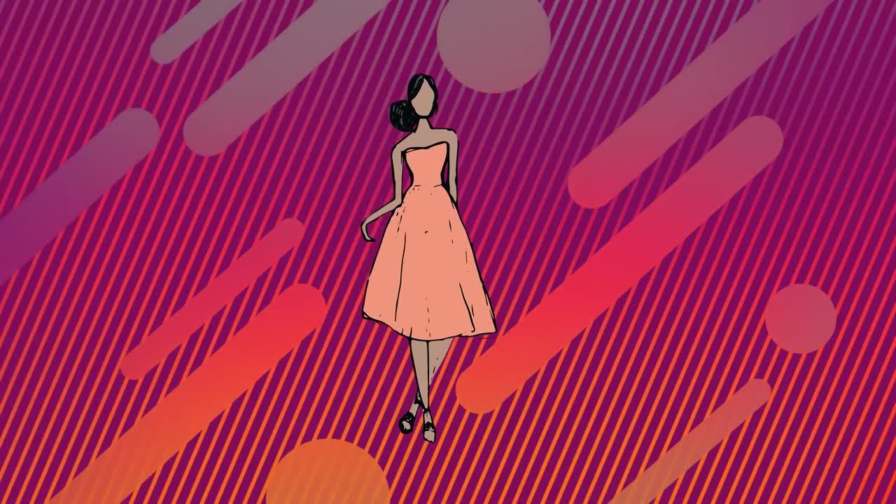 animación de un modelo de moda sobre un fondo geométrico rosa