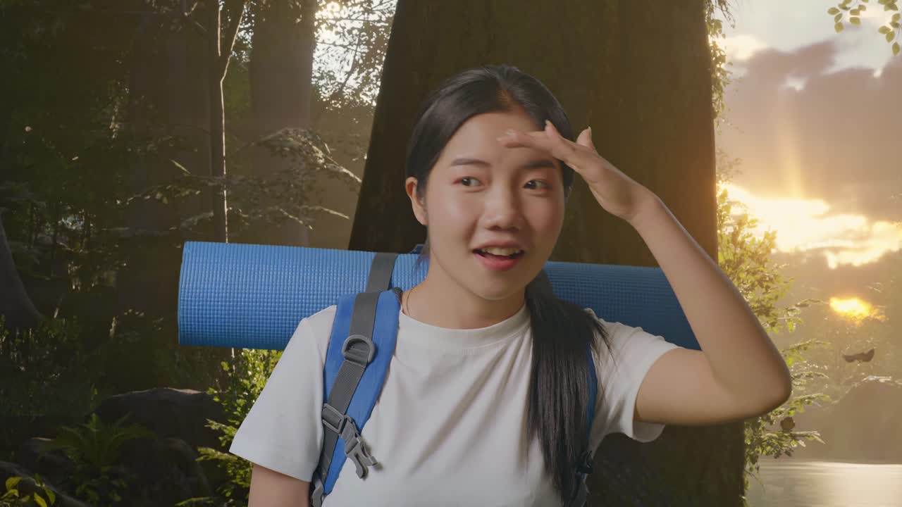 해가 뜨는 동안 숲에서 산책하는 여자