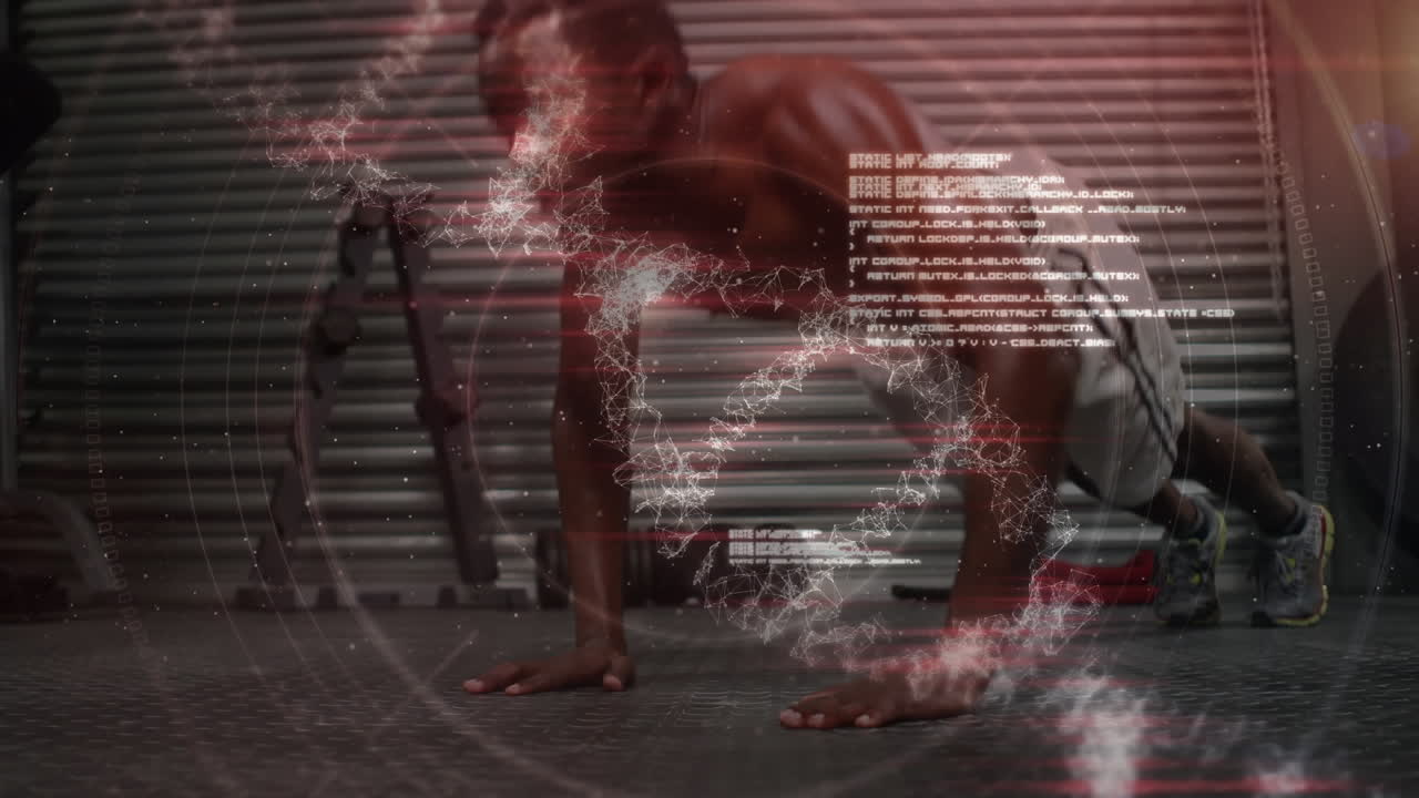 근육을 가진 남자가 운동하는 dna 가닥의 애니메이션