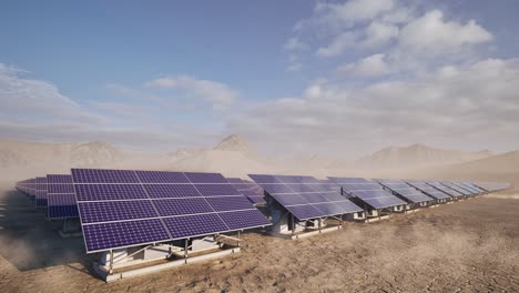 A-solar-park,-solar-farm,-photovoltaic-power-station-in-the-desert,-3D-animation,-animated-scenery,-camera-dolly-up