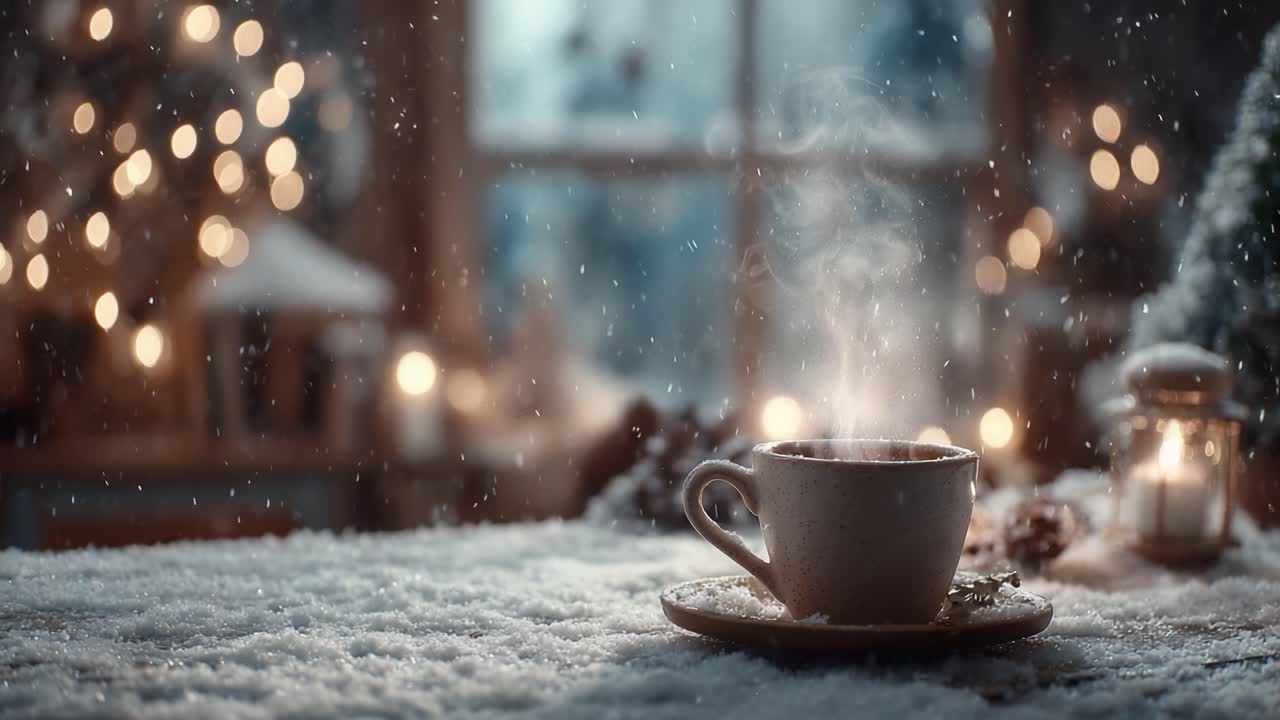 A cozy winter scene featuring a steaming cup of coffee amidst softly falling snow and twinkling lights, creating a warm and inviting atmosphere for the holiday season