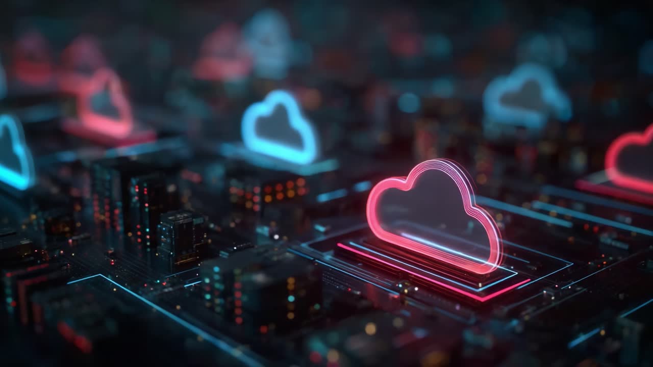 Rappresentazioni futuristiche di reti cloud digitali con dettagli neon e connettività urbana che mostrano tecnologie avanzate e dinamiche di scambio dati