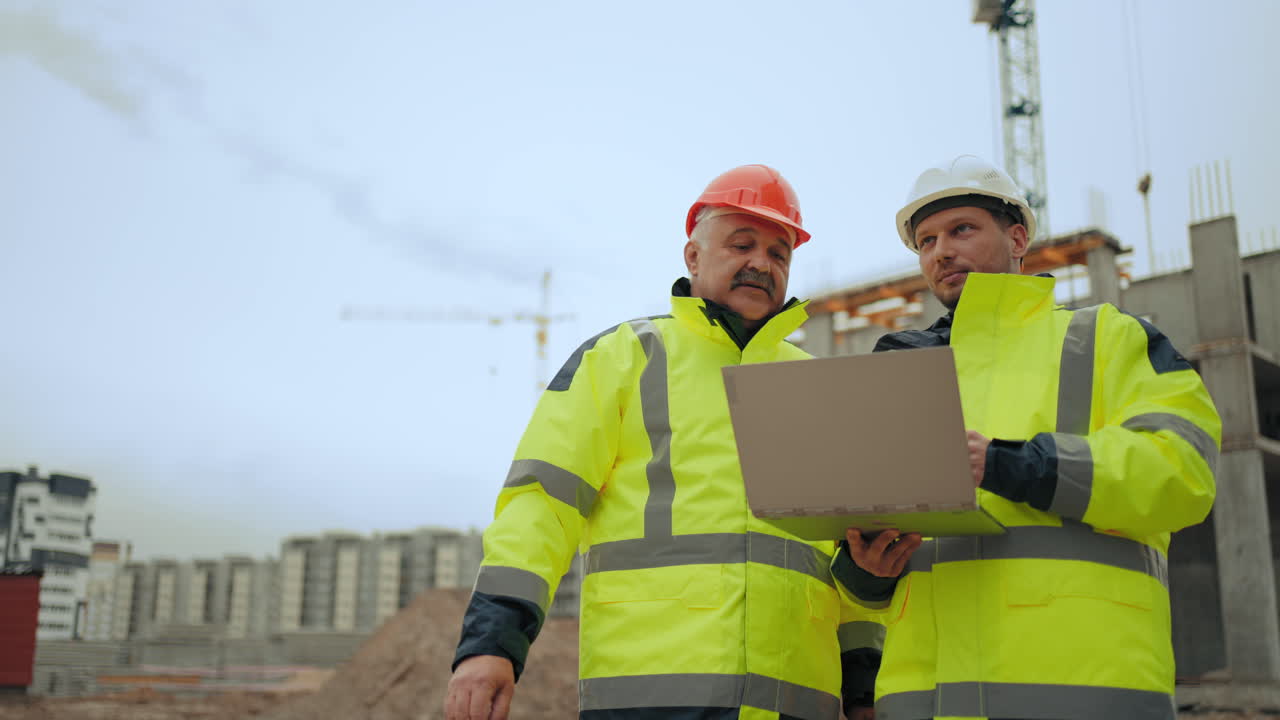el capataz y los ingenieros civiles están discutiendo el plan de construcción del nuevo objeto en el área de construcción