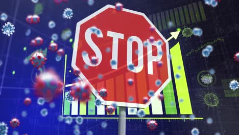 covid-19 cells against stop sign board and statistical data processing