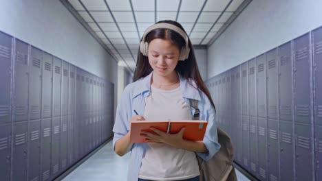 estudiante tomando notas en el pasillo de la escuela
