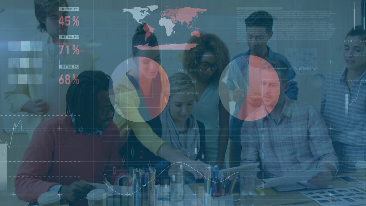 animación de análisis de datos de negocios en equipos diversos que colaboran en la oficina