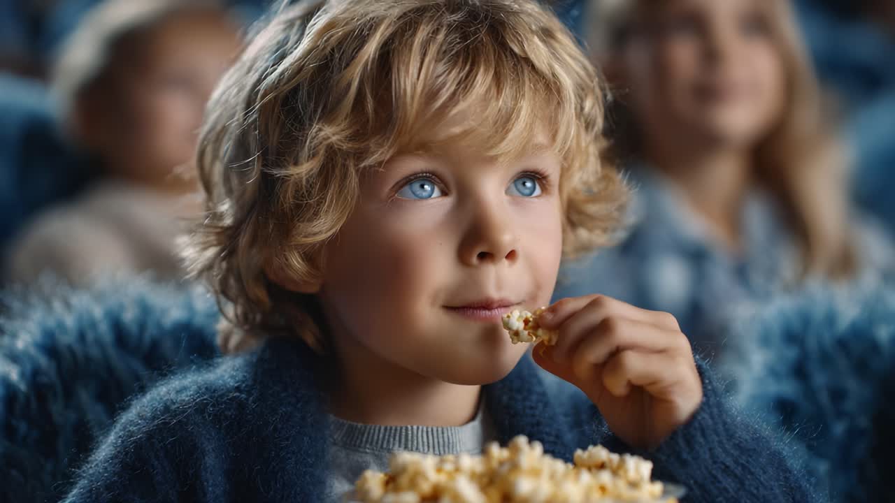 Un ragazzino si gode un film con i popcorn, rapito dallo schermo in una sala cinematografica scarsamente illuminata e circondato da altri spettatori