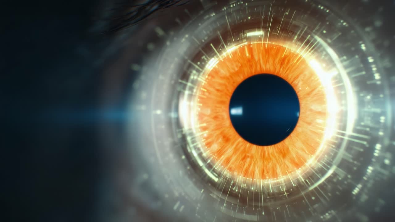 A Captivating Transformation: The Evolution of an Eye from a Futuristic Blue Glow to a Vibrant Orange Hue in a Series of Dynamic Digital Effects