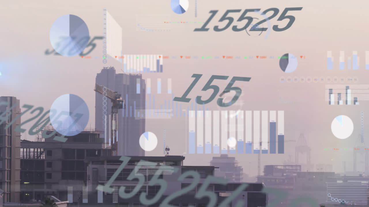 도시 풍경 위의 금융 데이터 처리 애니메이션
