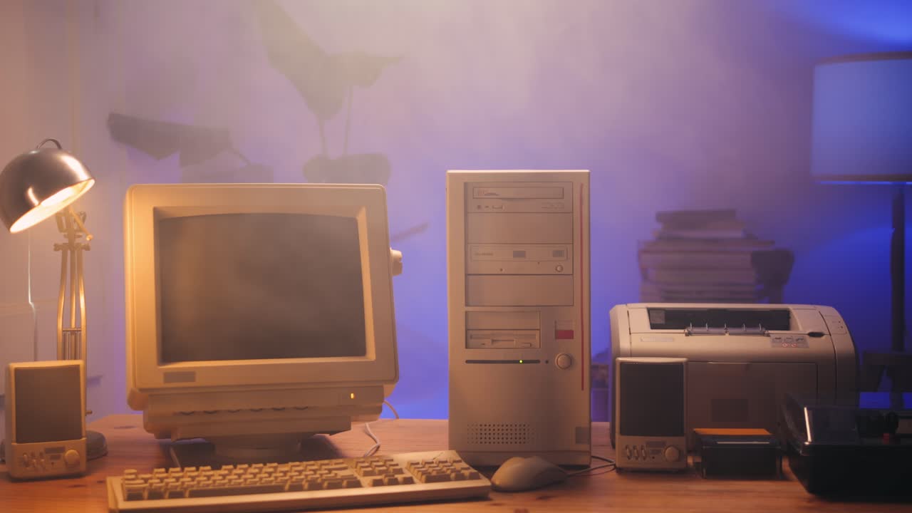 Retro pc computer gaming, Desktop vintage with loading code console, programmer making scripts, green basic screen, Old computer studio close-up, retro wave display, late 90s PC.