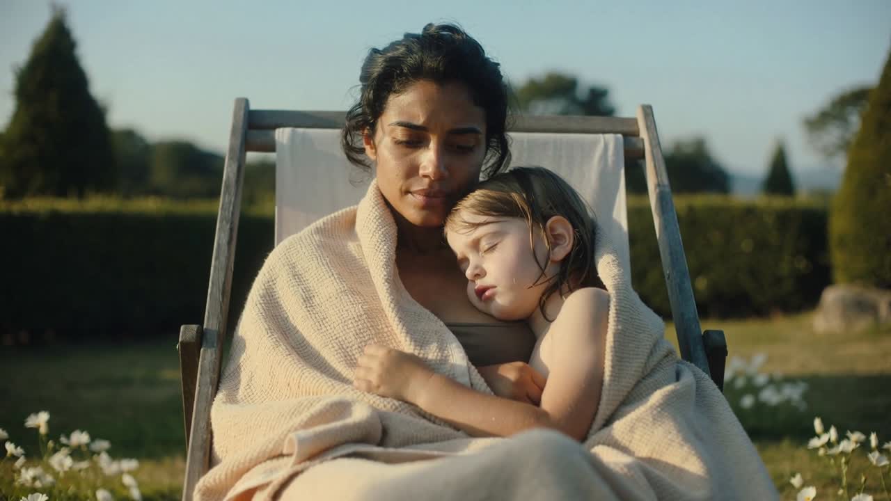 Cradling woman adjusting blanket after child's shift to keep child warm on deck chair in garden