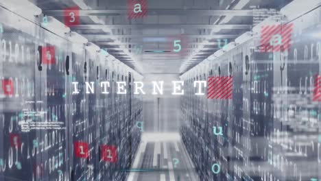 animation of cyber security data processing, light spot and binary coding against server room