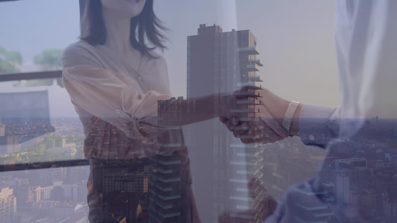 animación de personas de negocios que se dan la mano sobre el paisaje urbano
