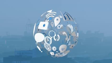 Animation-of-globe-with-icons-over-cityscape