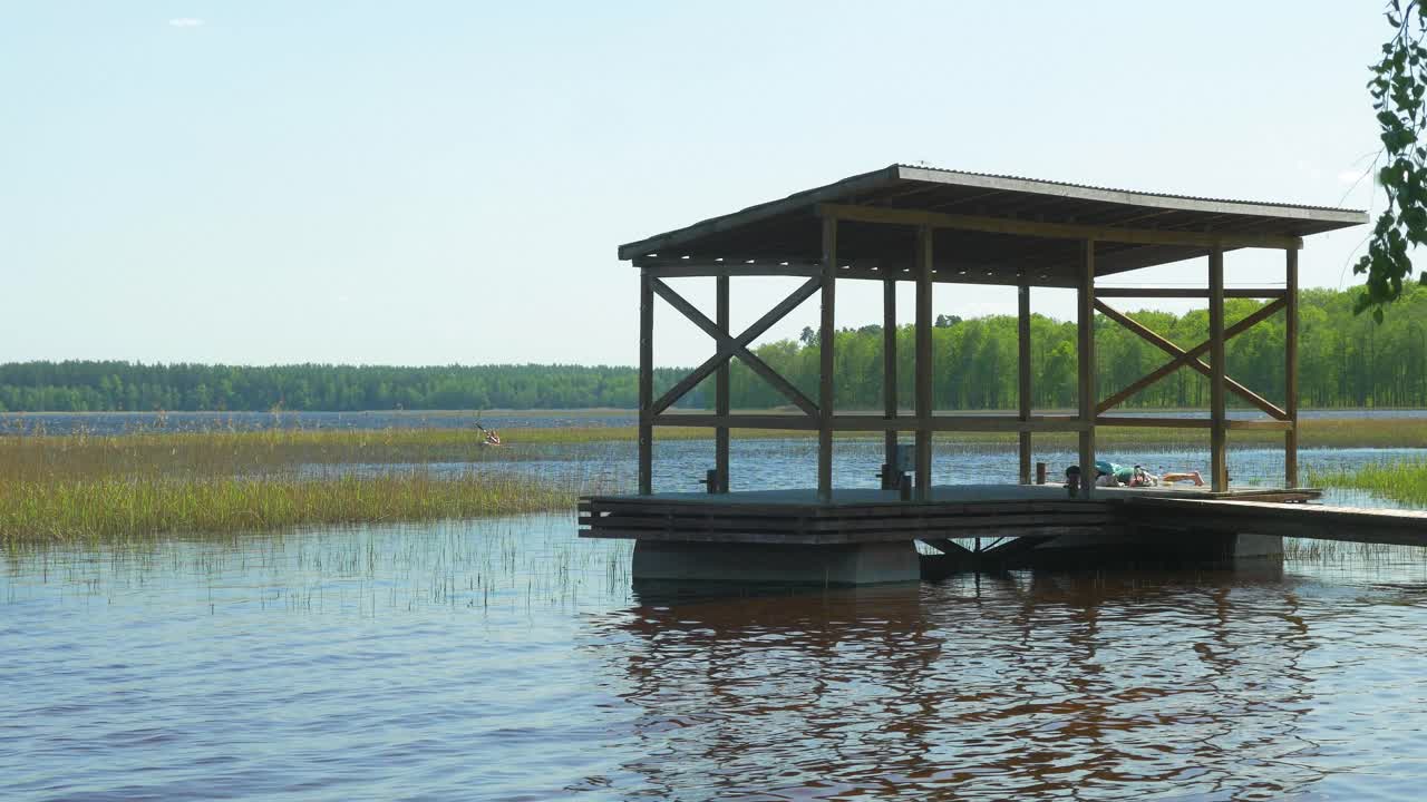 красивый вид на берег озера усьма в солнечный летний день, дальние острова с пышным зеленым лесом, сельский пейзаж, берег со старыми камышами и домик на воде, средний широкий снимок