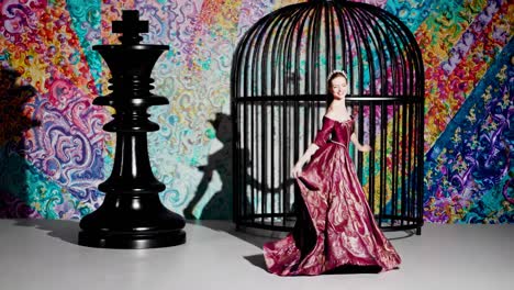 woman in a regal gown, surrounded by a colorful backdrop and a cage, with a chess king in the foreground