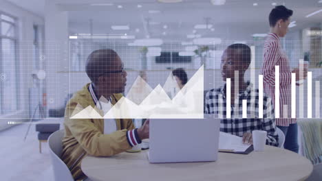 business data analysis animation over diverse colleagues discussing work in modern office