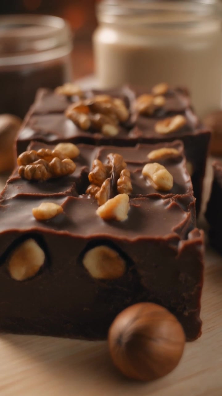 Delicious Homemade Chocolate Fudge Squares Topped with Walnuts
