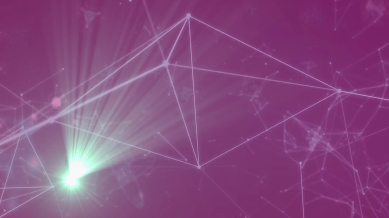 animación de senderos de luz sobre una red de conexiones y moléculas sobre un fondo púrpura
