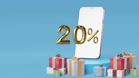 Smartphone-Mit-Goldenen-20-%-Neben-Verschiedenen-Geschenkboxen-Auf-Blauem-Hintergrund-Vertikal