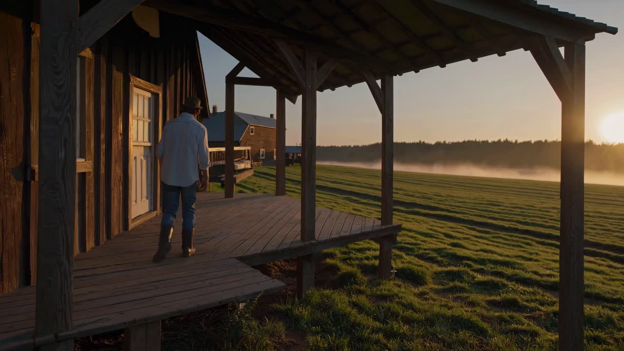 Farmer on porch at sunrise