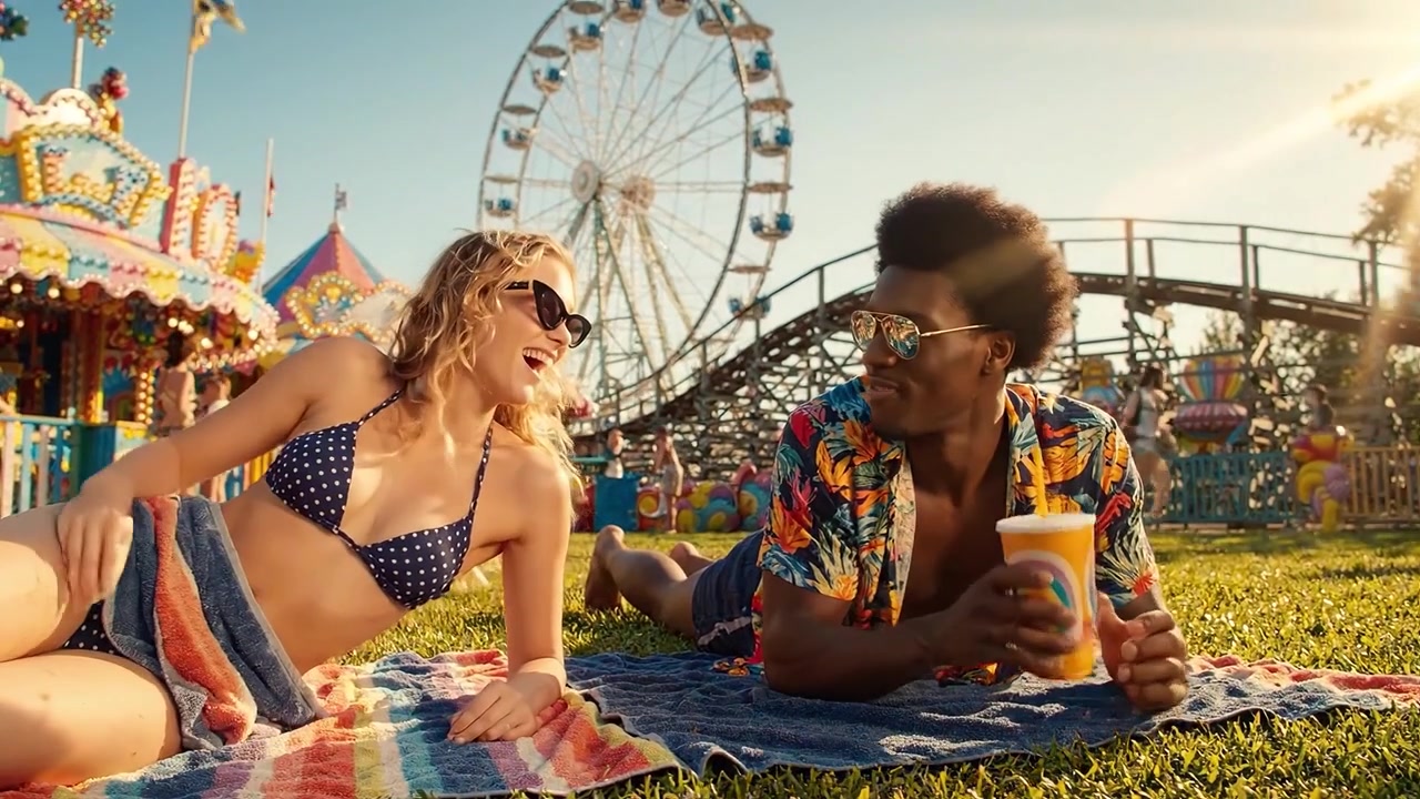 A Joyful Summer Day at the Fairground with Friends Enjoying Sunshine, Drinks, Snacks, and Fun Rides Surrounded by Colorful Attractions and Vibrant Atmosphere