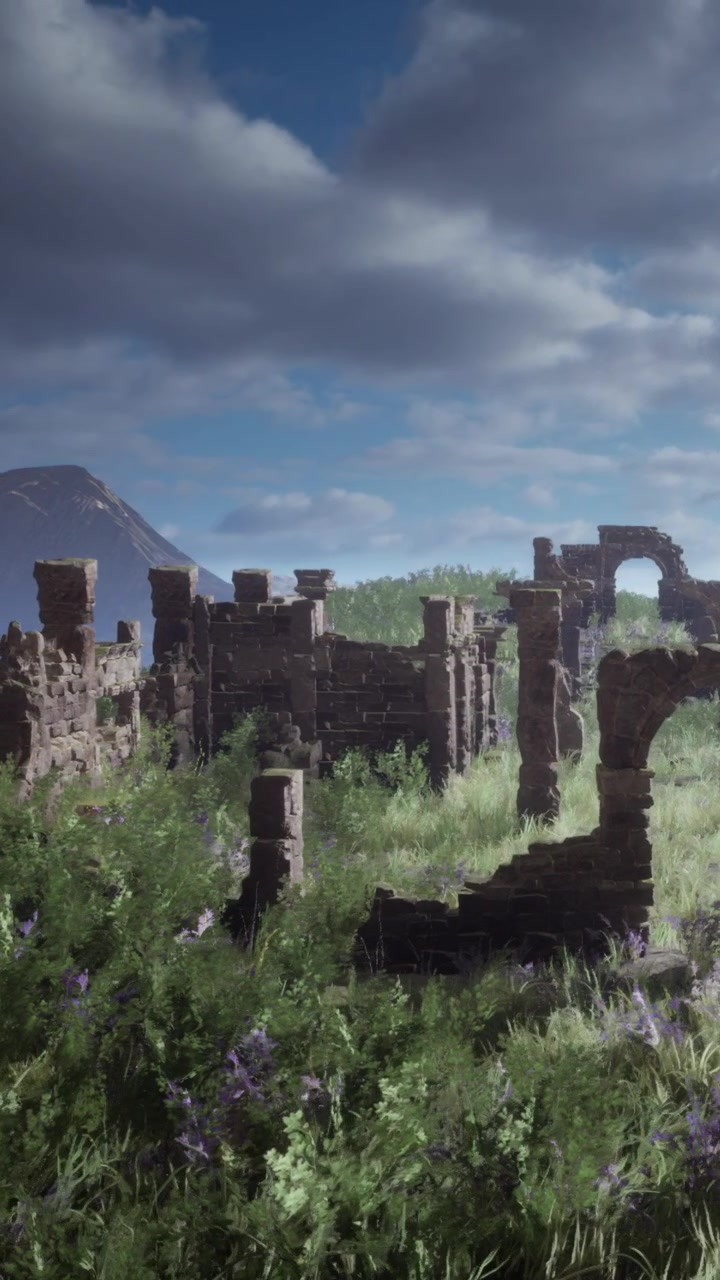 Ruinas de una estructura antigua entre flores y hierba alta bajo un cielo nublado.